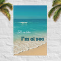 Call Me Later – I’m at Sea poster with beach photography on white brick wall and palm leaves
