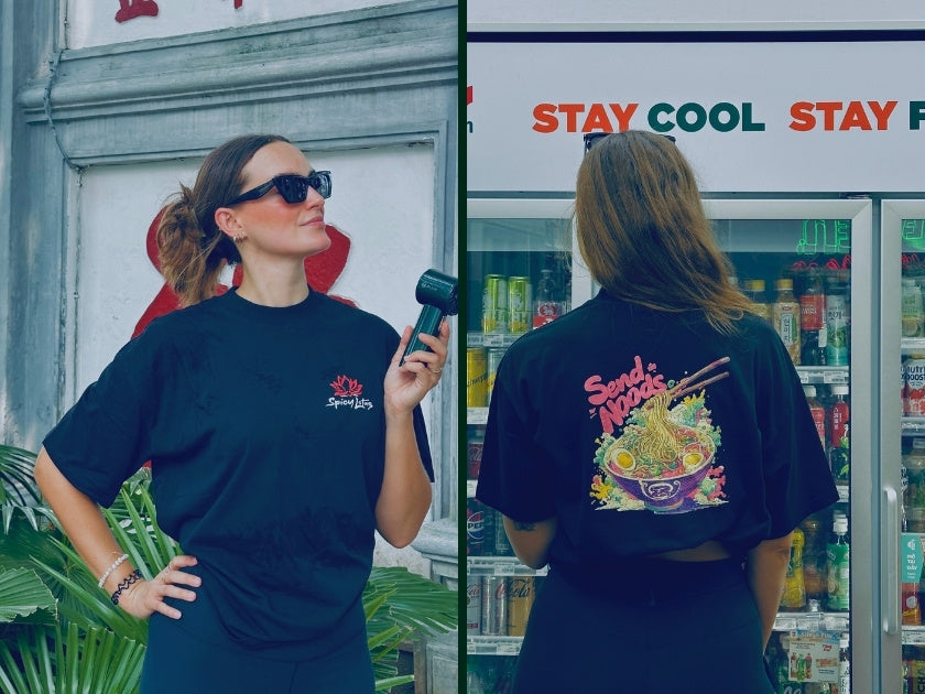 Split screen images showing front and back design of a Spicy Lotus Shirt worn by a woman.