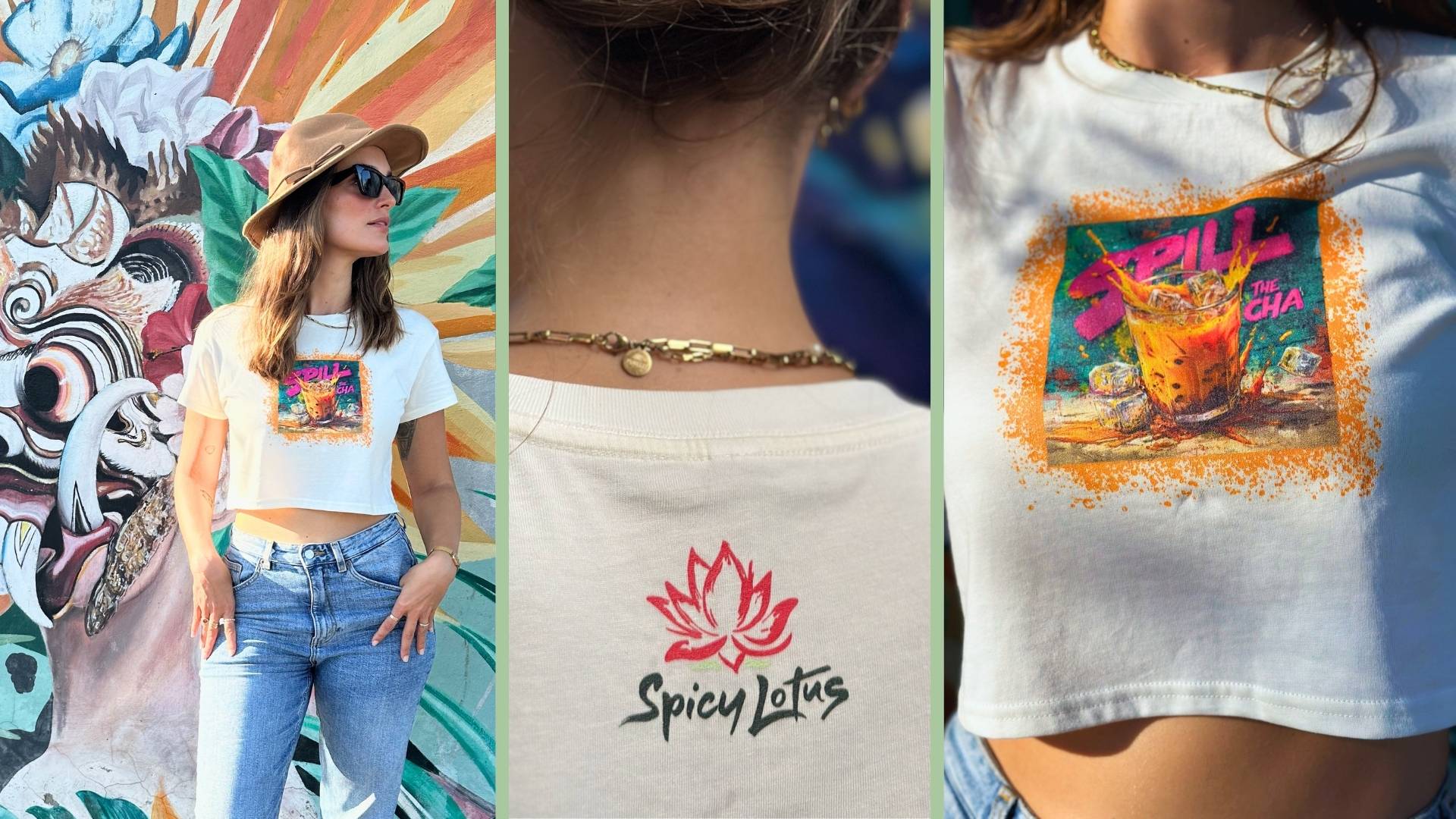 Woman wearing a crop top with a colorful thai tea graphic design. Photographed from three different angles.
