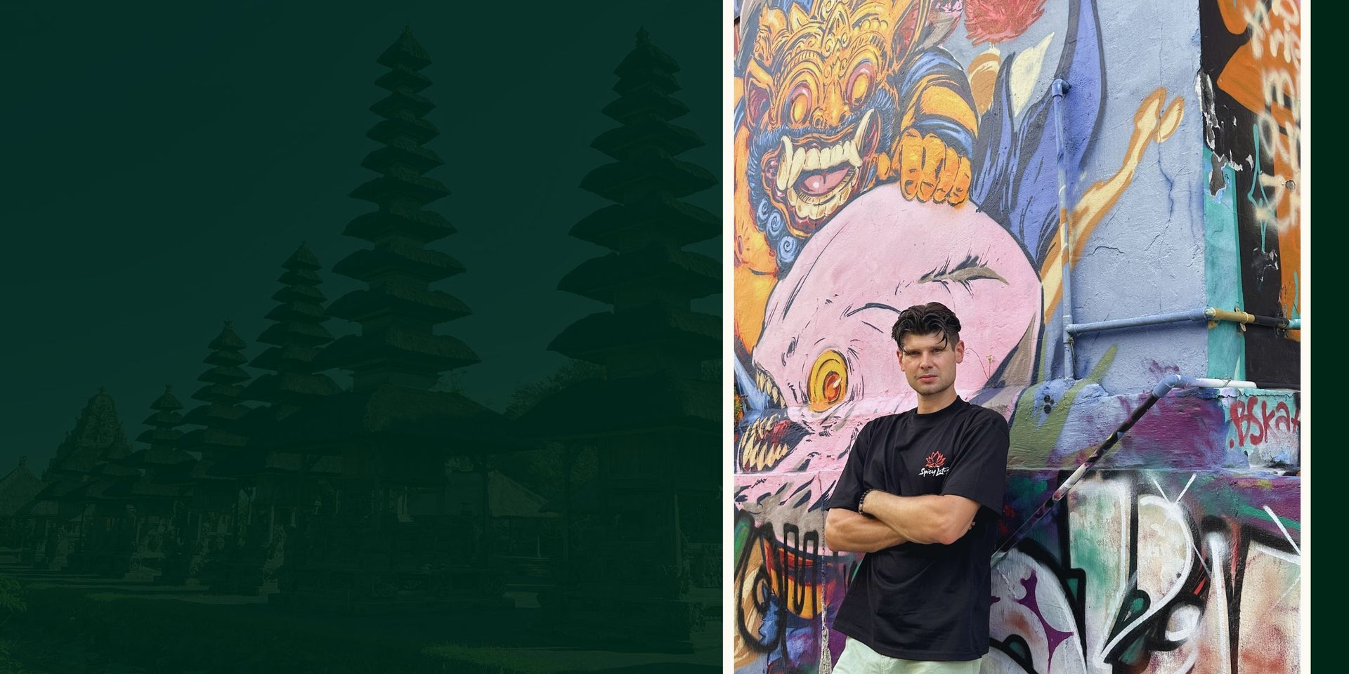 A man in a black t-shirt with a spicy lotus logo standing in front of traditional architecture and street art.