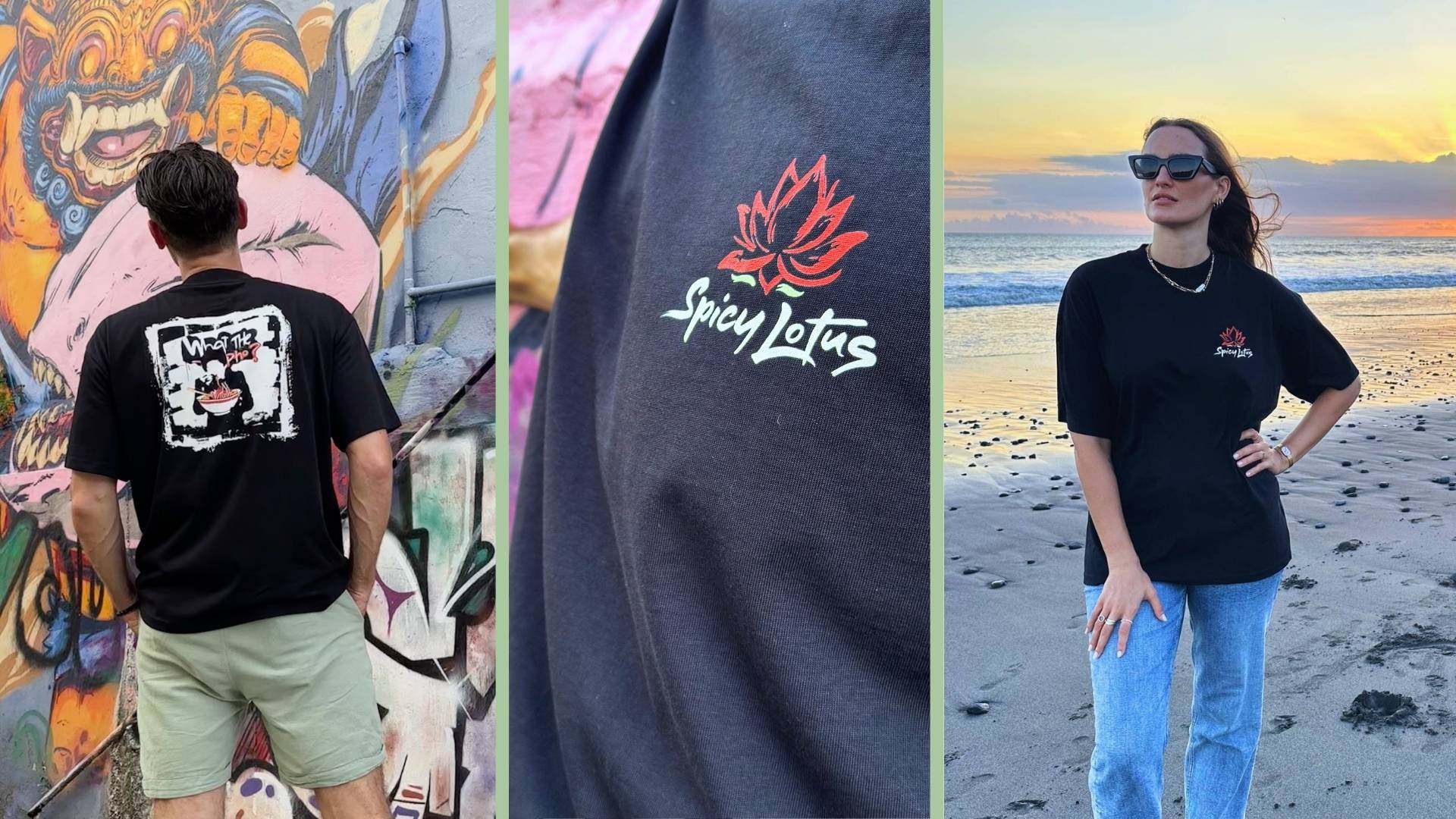 Collage of people wearing black oversized t-shirts with different logos in various settings.