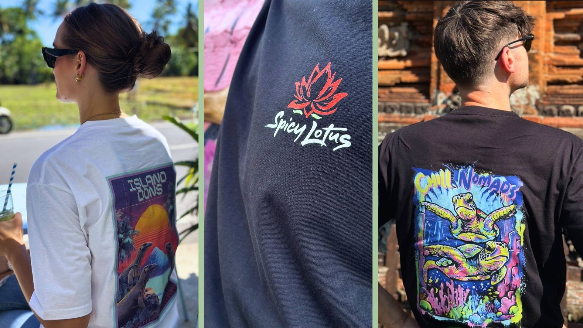 Three different spicy lotus t-shirts with unique designs and branding.