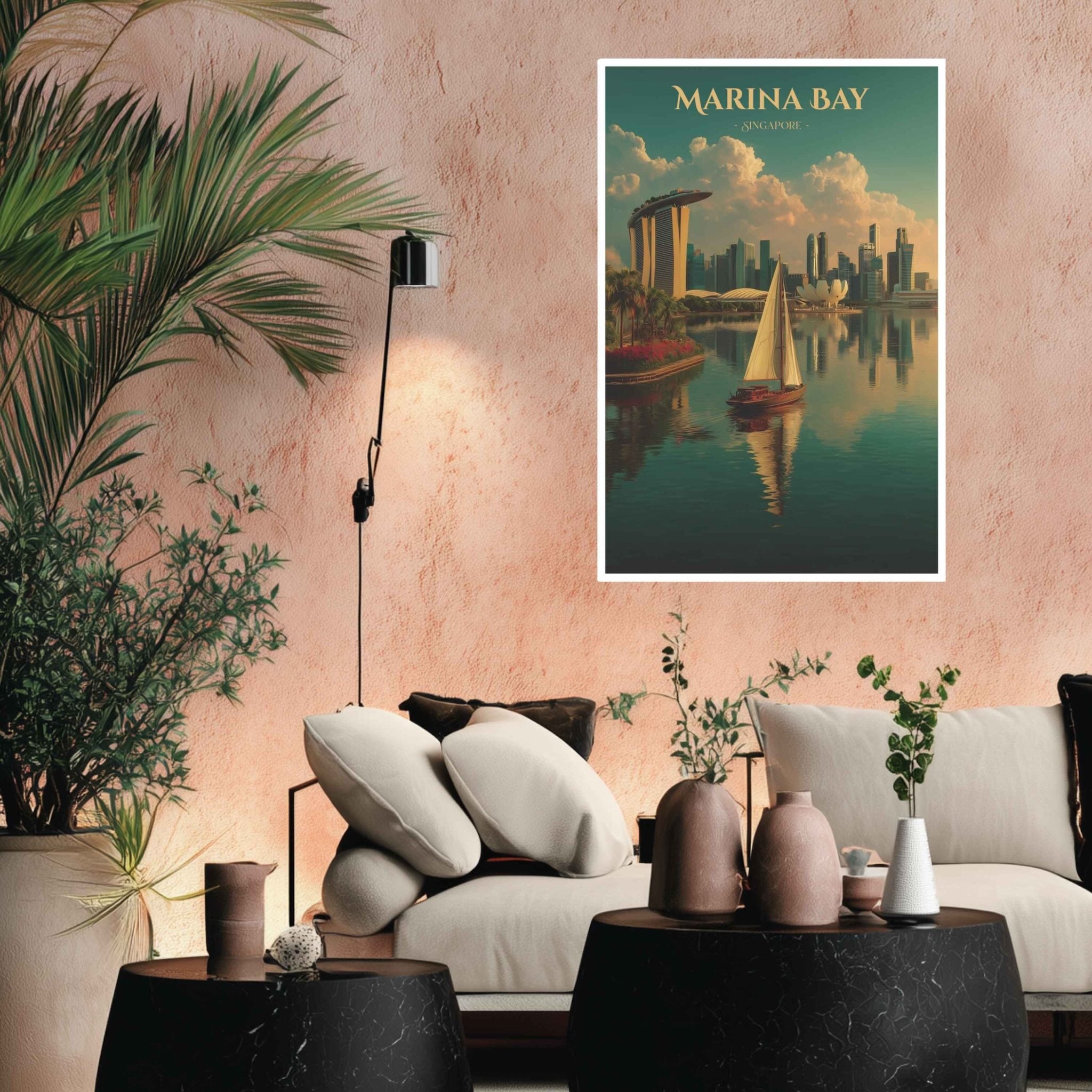 Living room with a cityscape poster of Marina Bay on a wall.