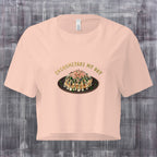 Dropped shoulder and cropped hem detail on pastel street food crop top Ghost