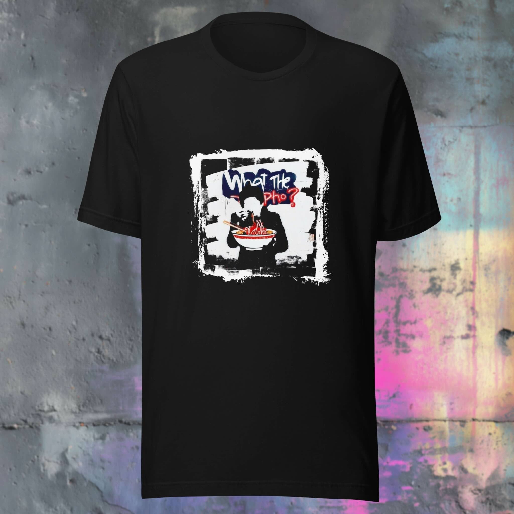 Black t-shirt with pho graphic design on a textured wall background