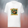 White t-shirt with a colorful adobo street food graphic design on a gradient background