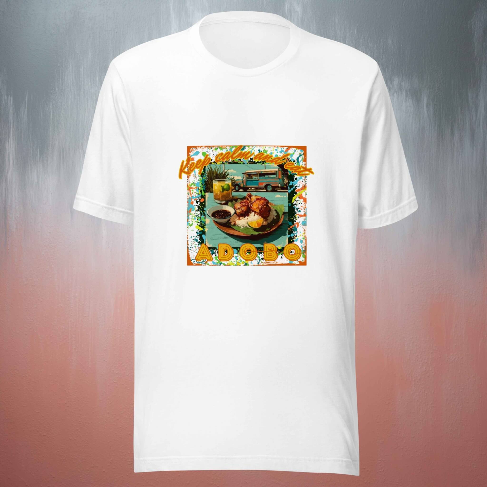 White t-shirt with a colorful adobo street food graphic design on a gradient background