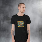 Man wearing a black t-shirt with a colorful graphic design of Adobo against a gray background