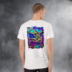 Person wearing a white t-shirt with a colorful graphic of graffiti turtles on the back against a gray background