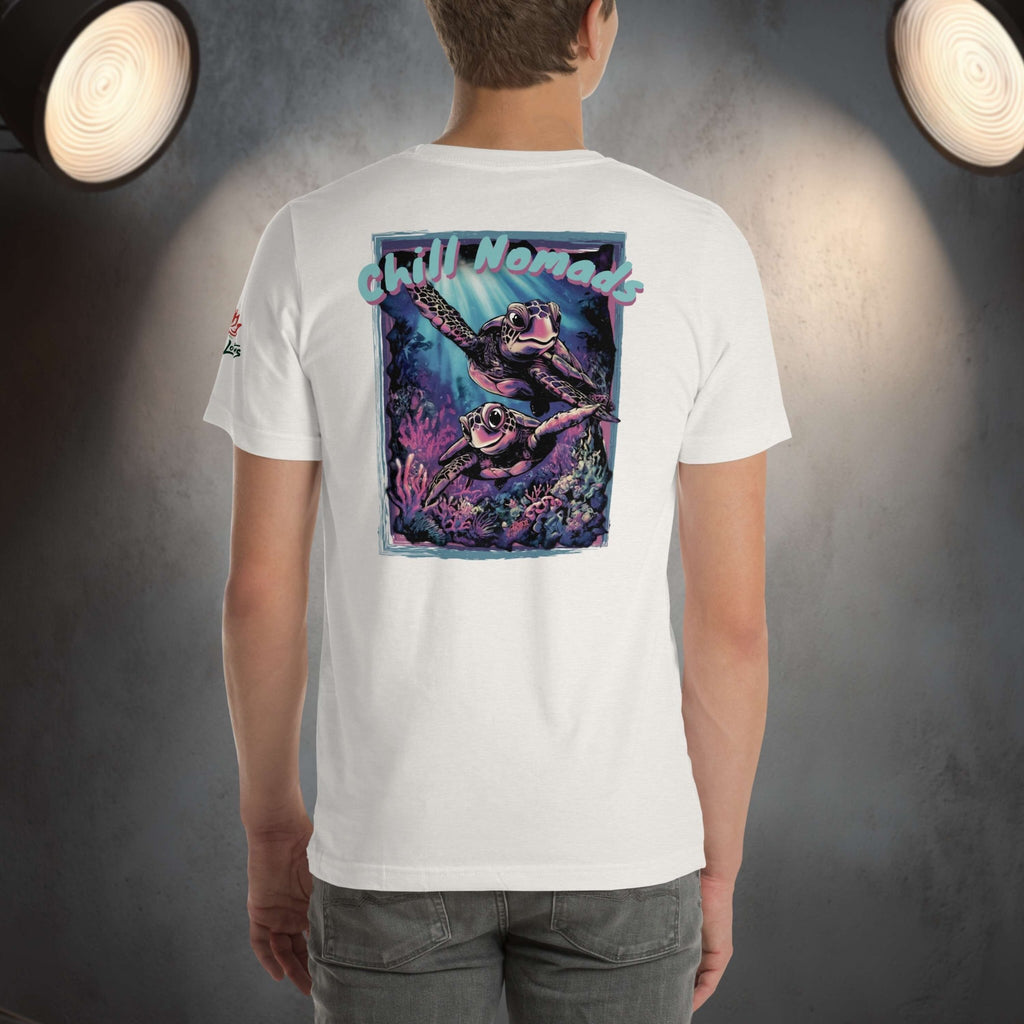 Chill Nomads Midnight Reef Backprint T-Shirt on a man standing in front of studio walls with lights