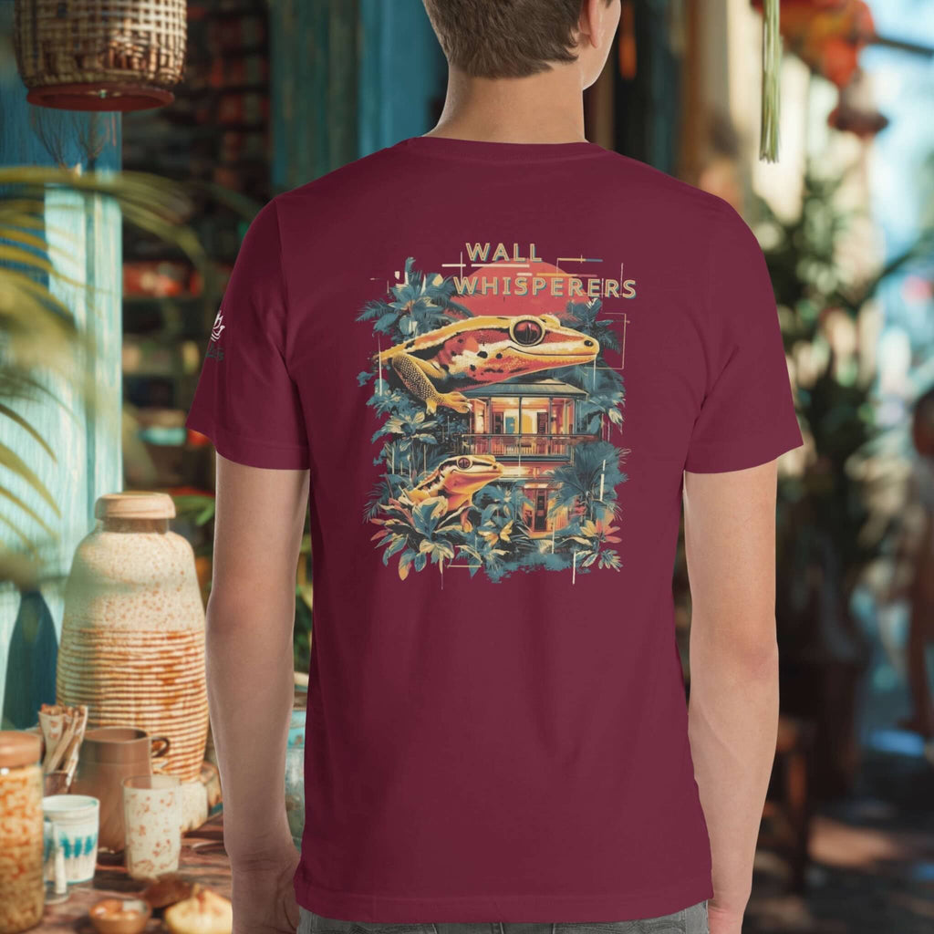 Wall Whisperers Saigon gecko back print t-shirt on a man 