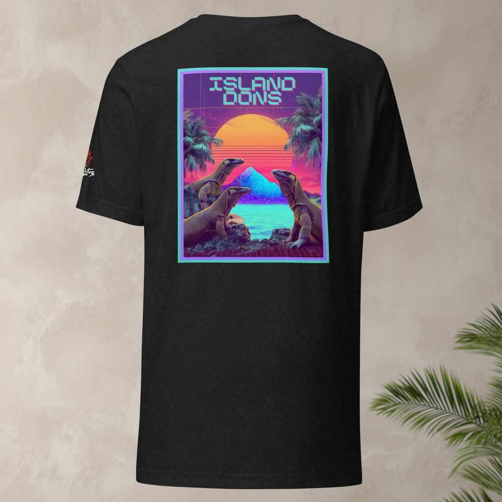 Retro-futuristic synthwave lizard graphic flatlay shirt back design