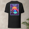 Retro-futuristic synthwave lizard graphic flatlay shirt back design