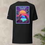 Retro-futuristic synthwave lizard graphic flatlay shirt back design