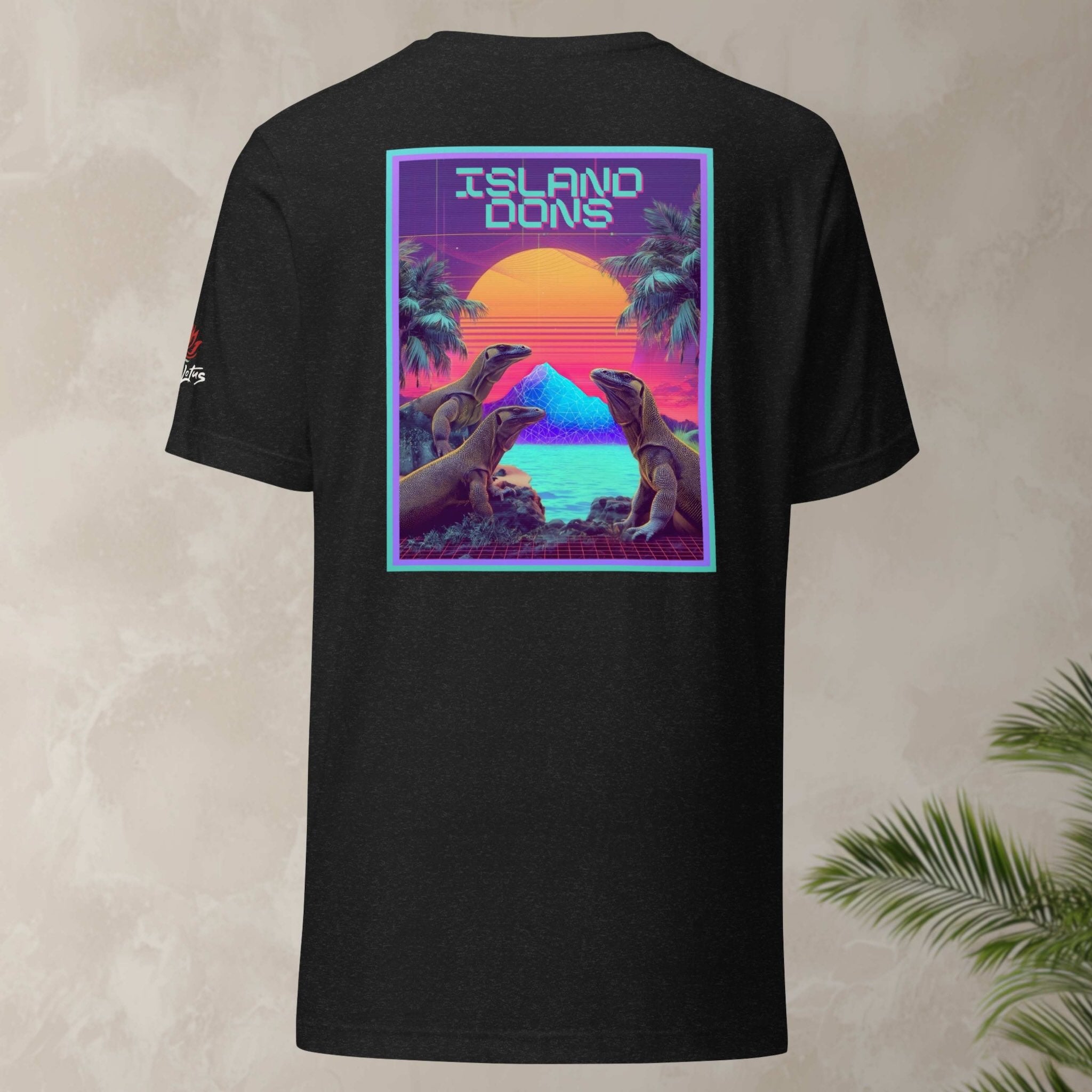 Retro-futuristic synthwave lizard graphic flatlay shirt back design