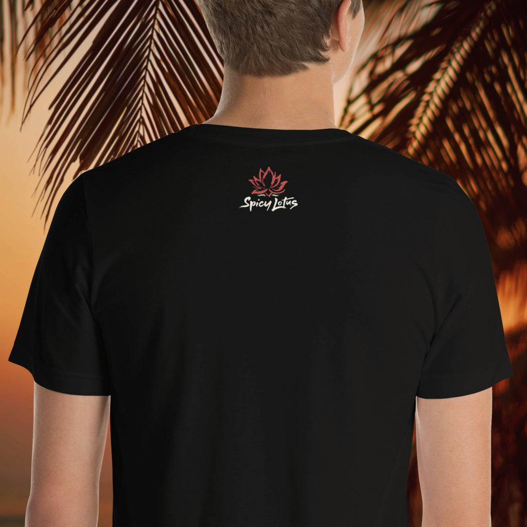 Bali travel inspired monkey graphic tee outside label neck on a man, orange black beach silhouette