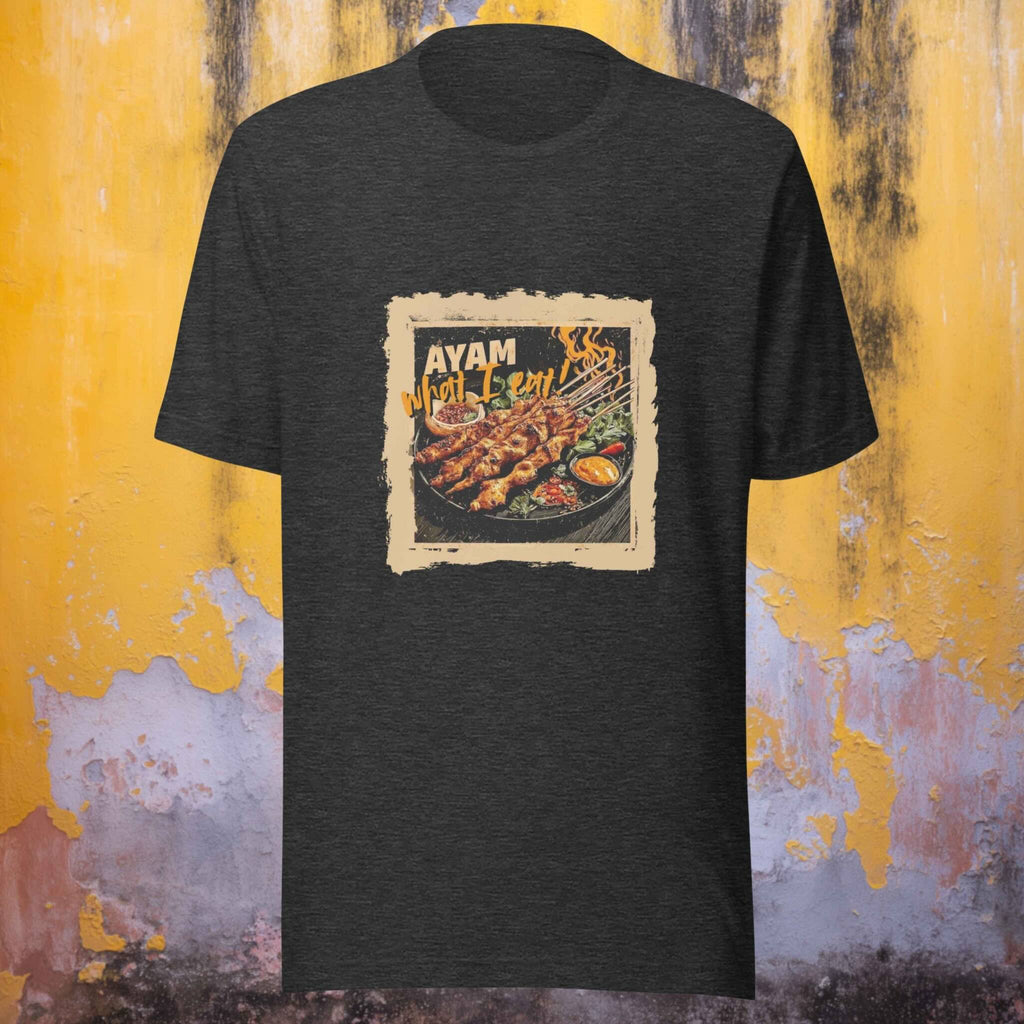 Black t-shirt with a graphic of grilled chicken sate and text on a yellow background