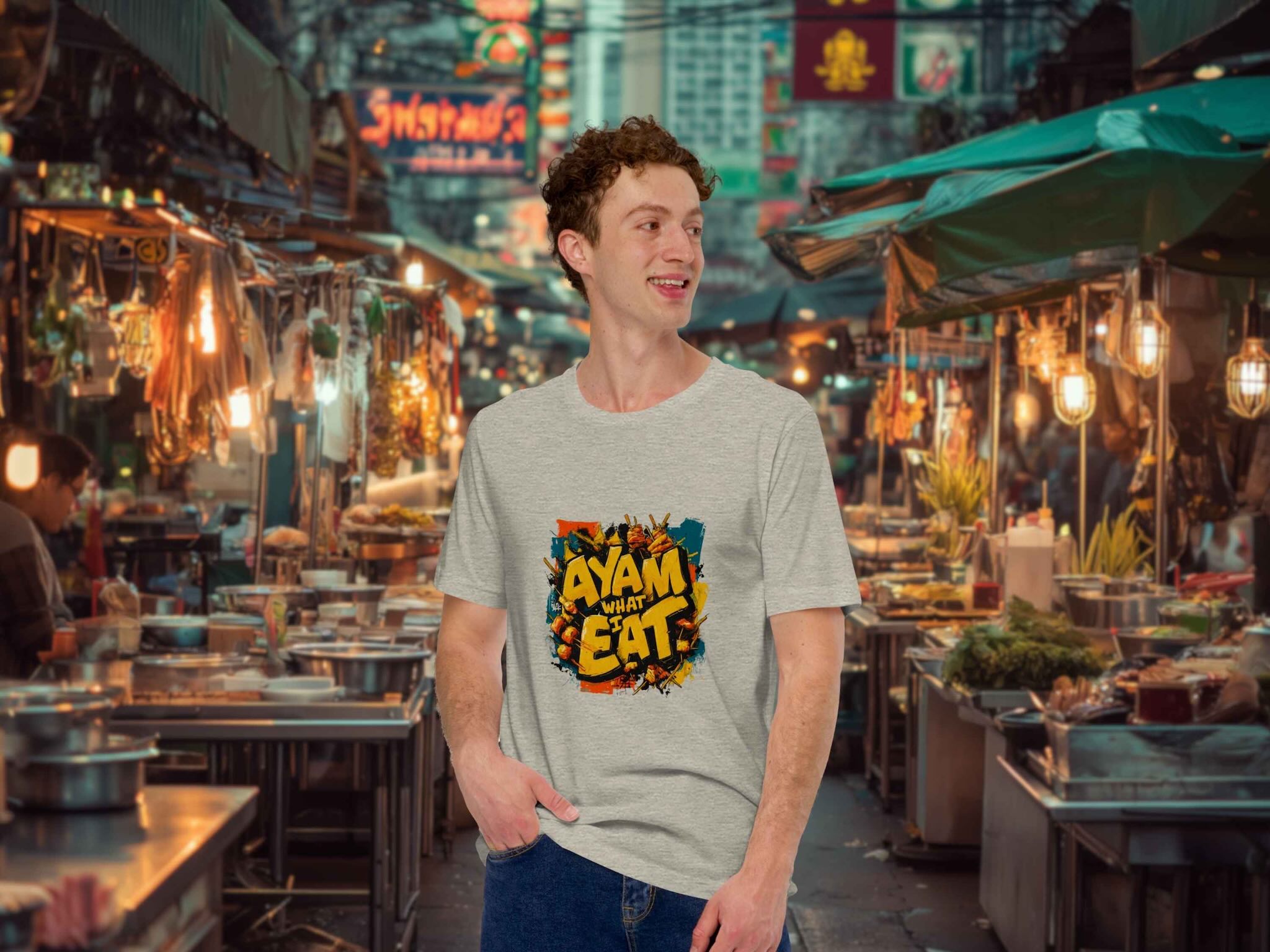 Man wearing a t-shirt with 'Ayam what I Eat' design in an outdoor market setting