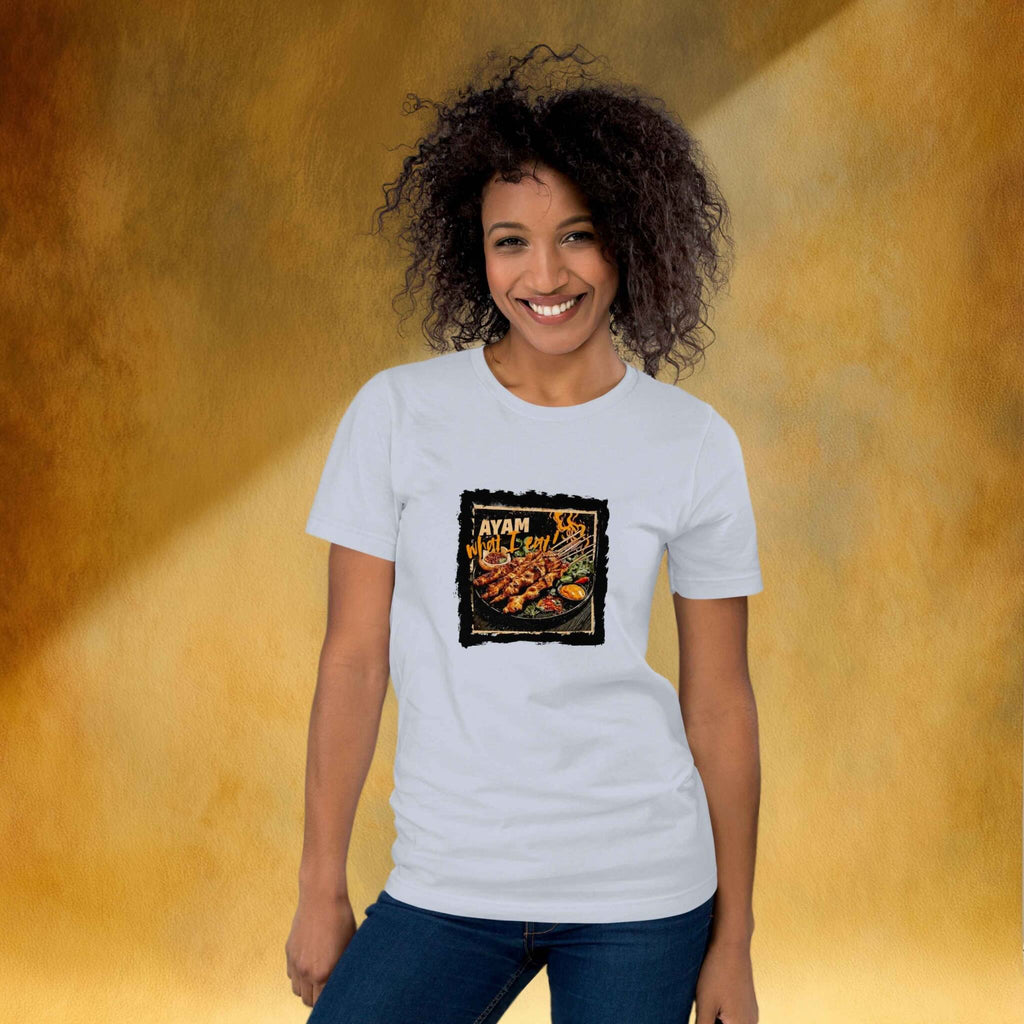 Woman wearing a white t-shirt with a graphic design on a yellow background
