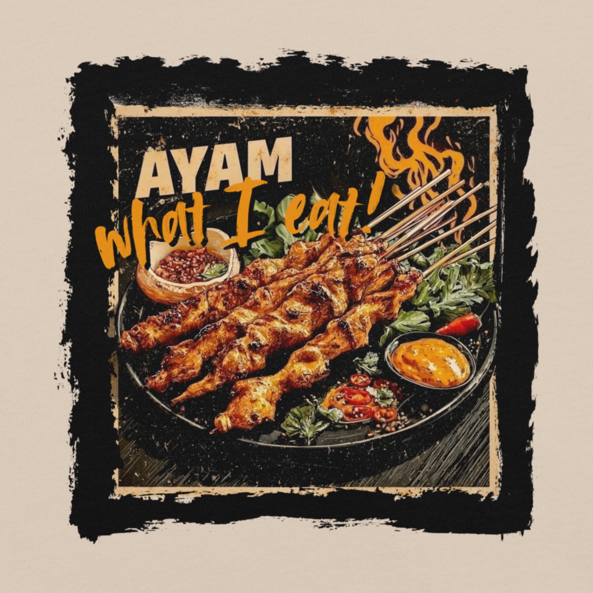 DTG print detail on Ayam What I Eat street food graphic tee