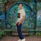 Person standing in front of a colorful, decorative wall with a garden scene, wearing a 'Ayam What I Eat 't-shirt