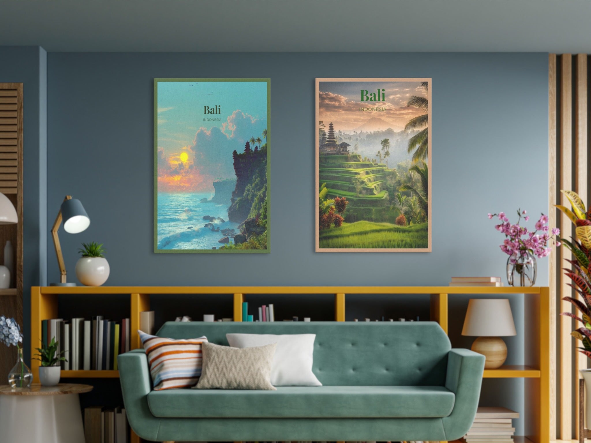 Two travel canvas from Indonesia on living room wall