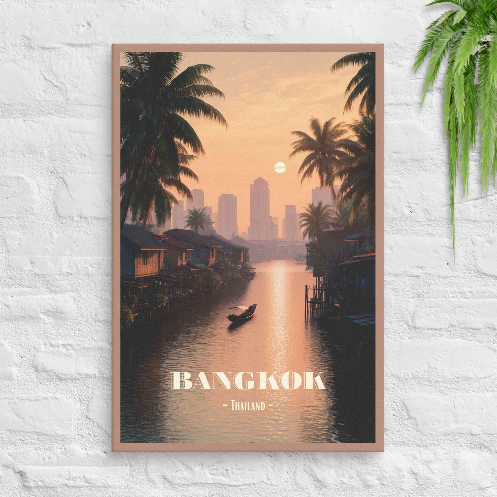 Bangkok canal canvas with golden-hour glow and stilt houses