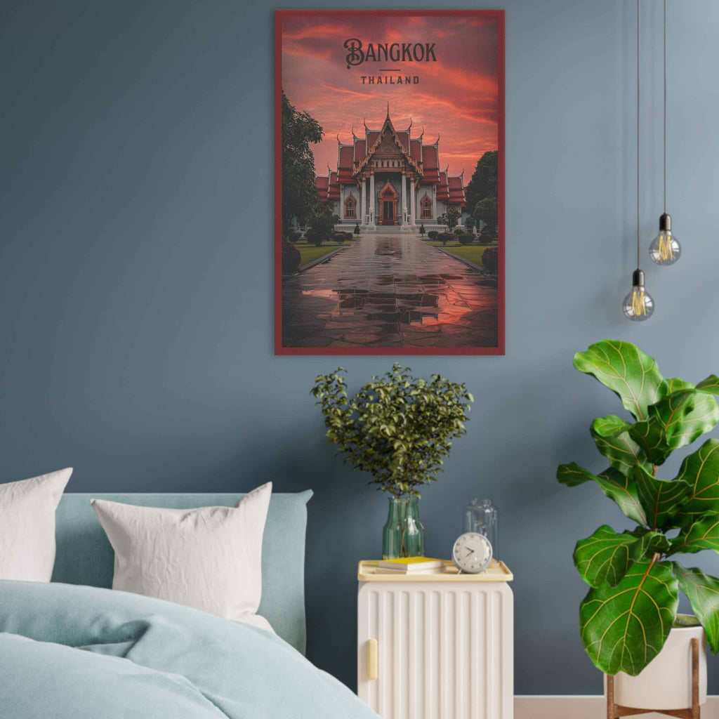 Poster of a temple in Bangkok on a blue wall above a bed with pillows and a plant.