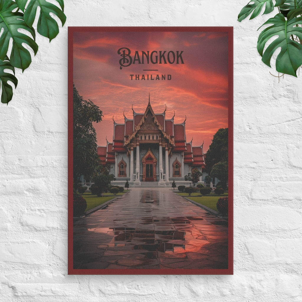 Bangkok Thai temple night canvas with dramatic red sky