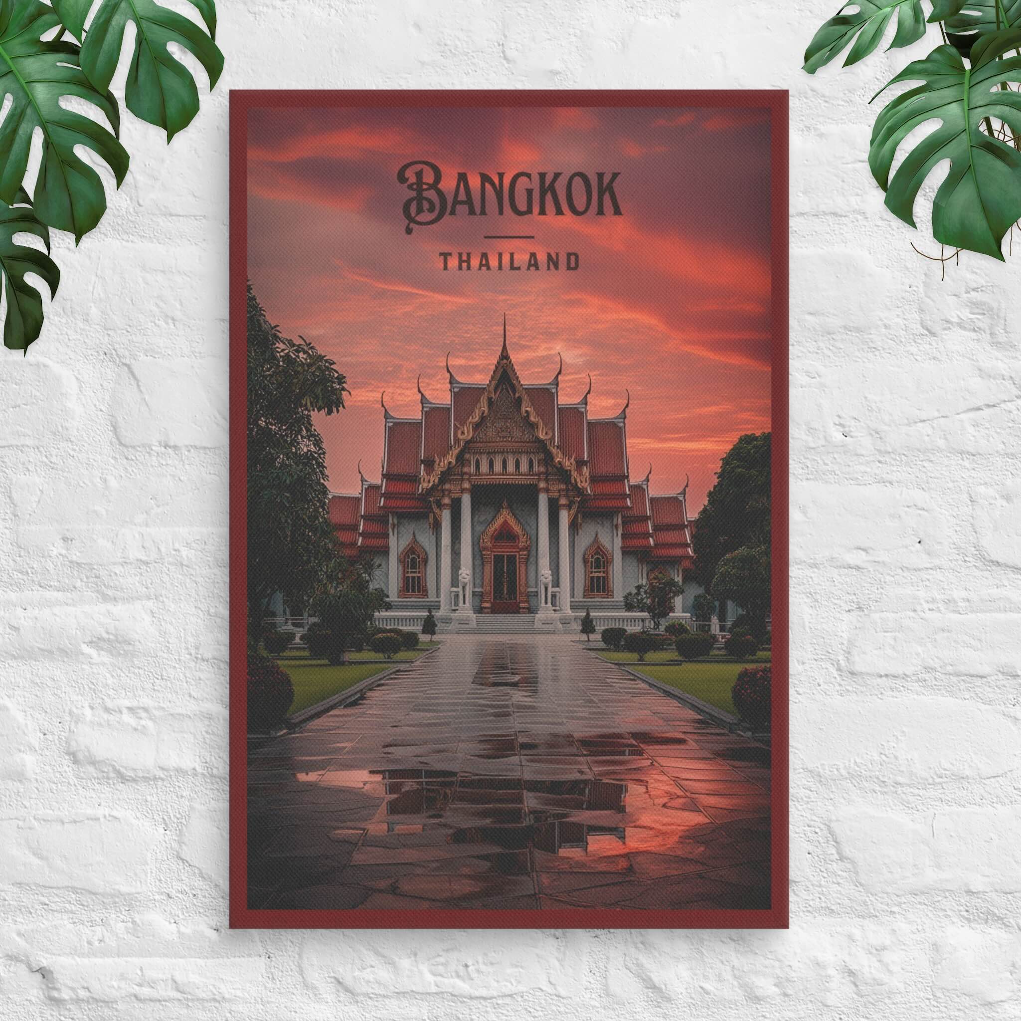Bangkok Thai temple night canvas with dramatic red sky