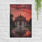 Bangkok Thai temple Wat Benchamabophit night poster with dramatic red sky