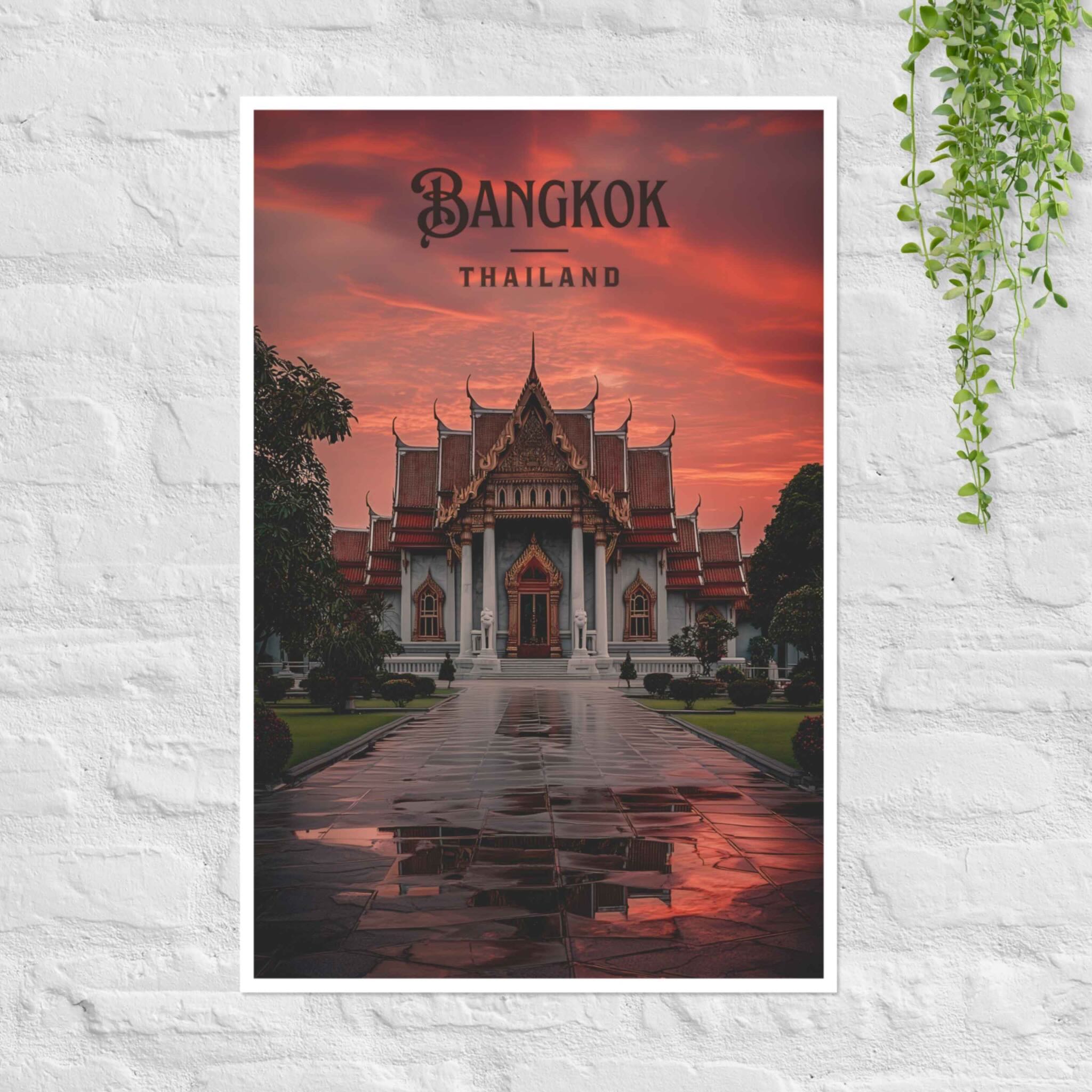 Bangkok Thai temple Wat Benchamabophit night poster with dramatic red sky