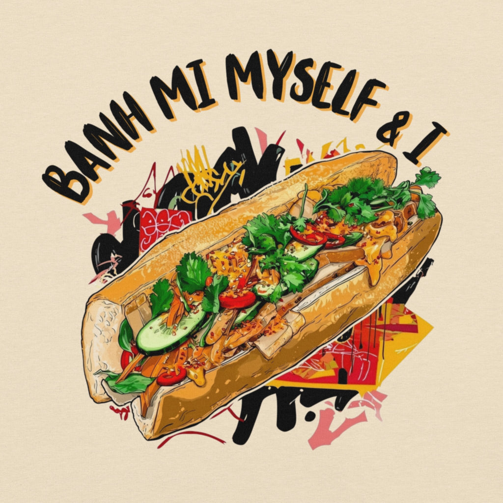 Close-up DTG print texture on Banh Mi Vietnamese food tee