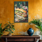 Framed artwork of a Banh Mi sandwich on a textured yellow wall with plants and a vase.