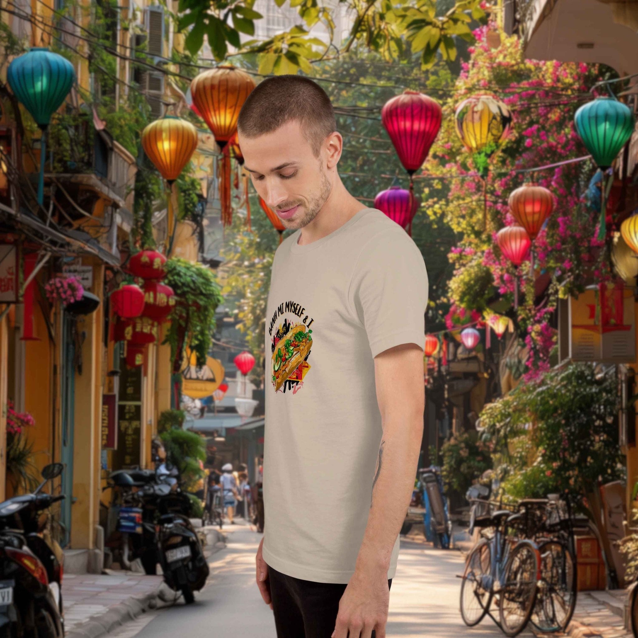 Model wearing Banh Mi Myself & I t-shirt in urban street food setting side view