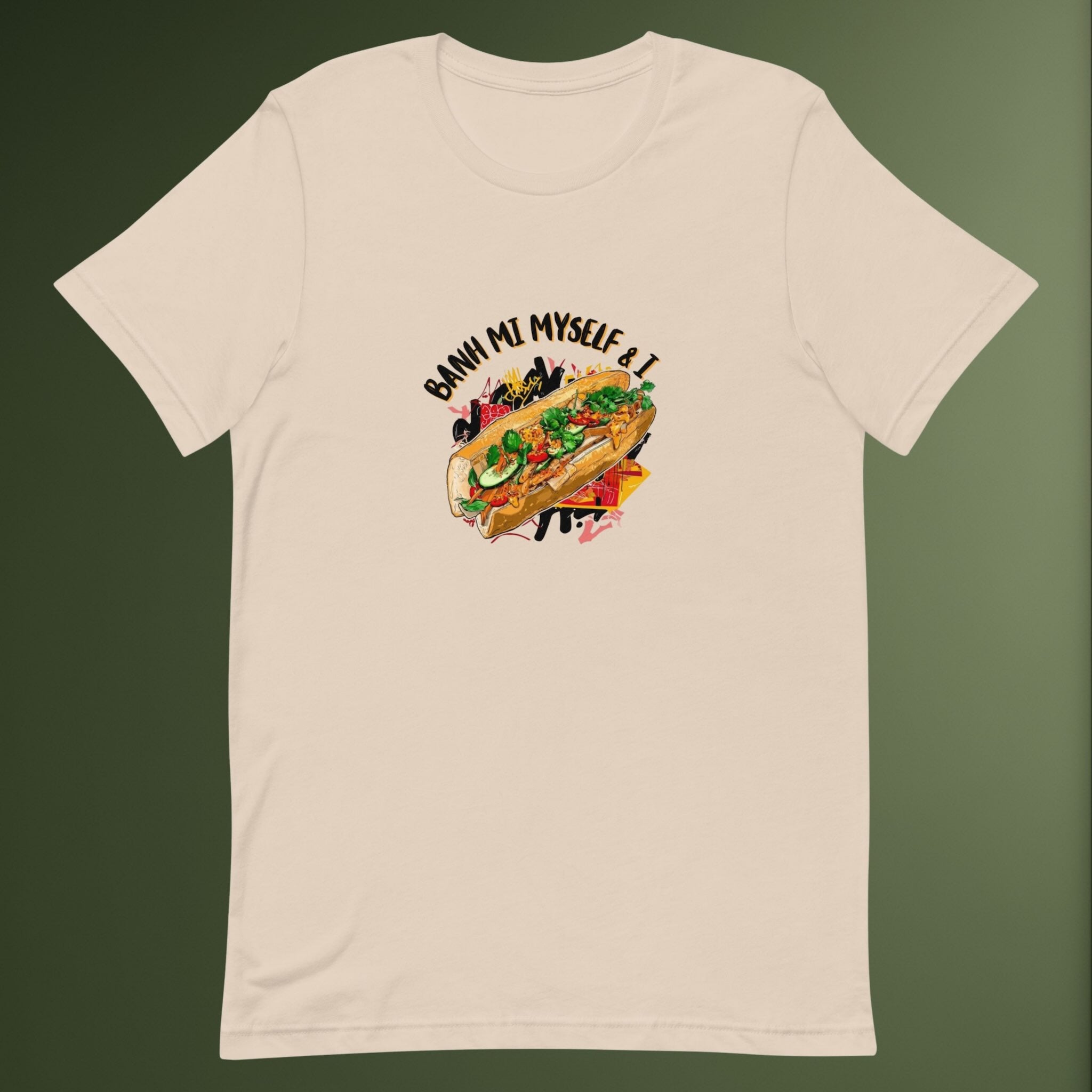 Front view of Banh Mi Myself & I graphic flatlay t-shirt