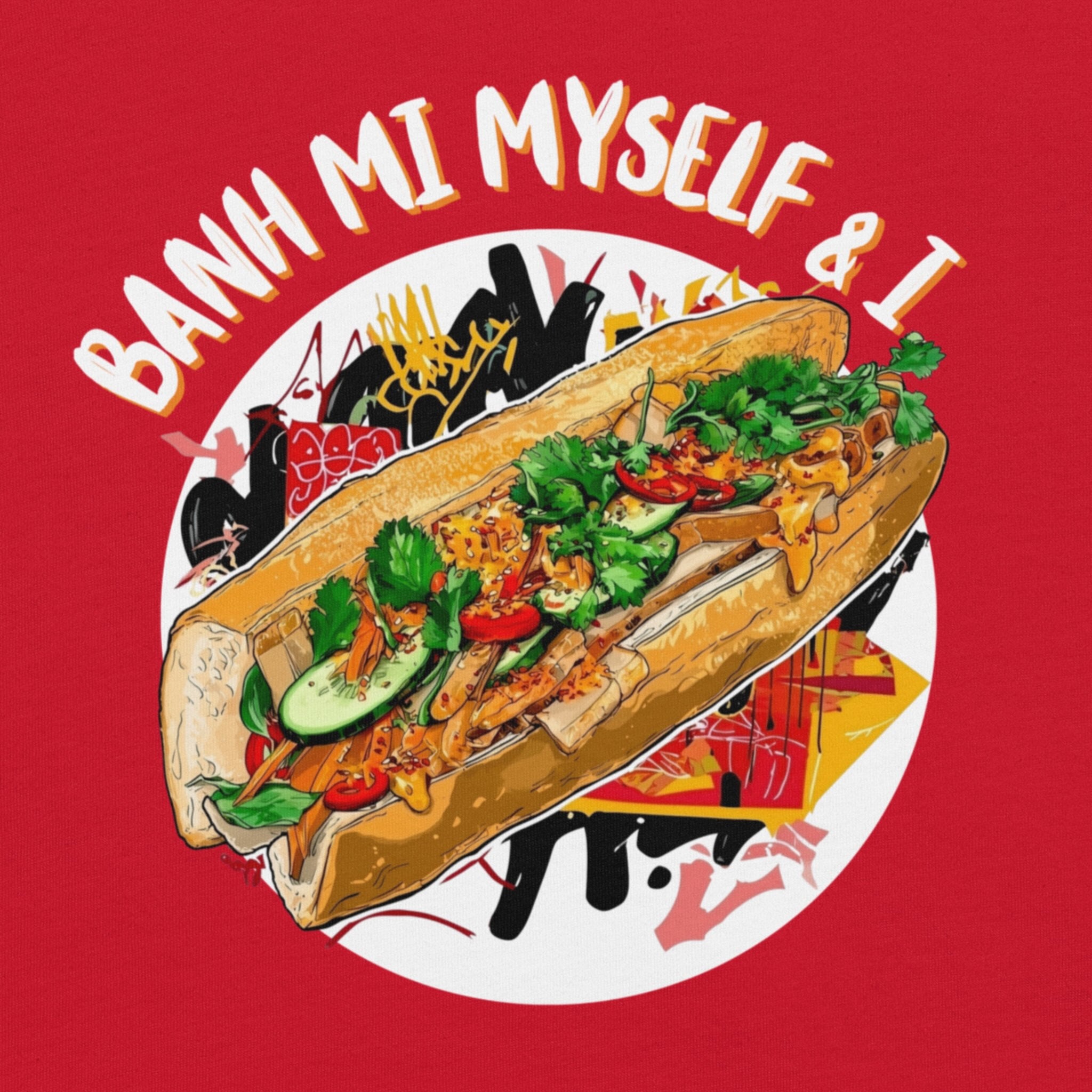 Close-up DTG print texture on Banh Mi Vietnamese food tee