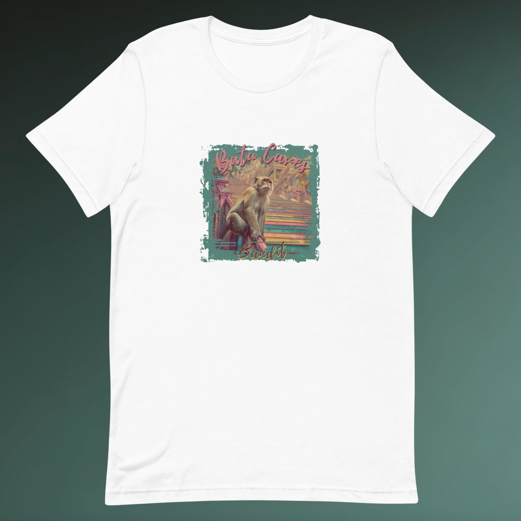 Kuala Lumpur travel inspired monkey graphic tee flatlay front design on green background