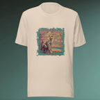 Beige t-shirt with a graphic design of a monkey on a colorful background