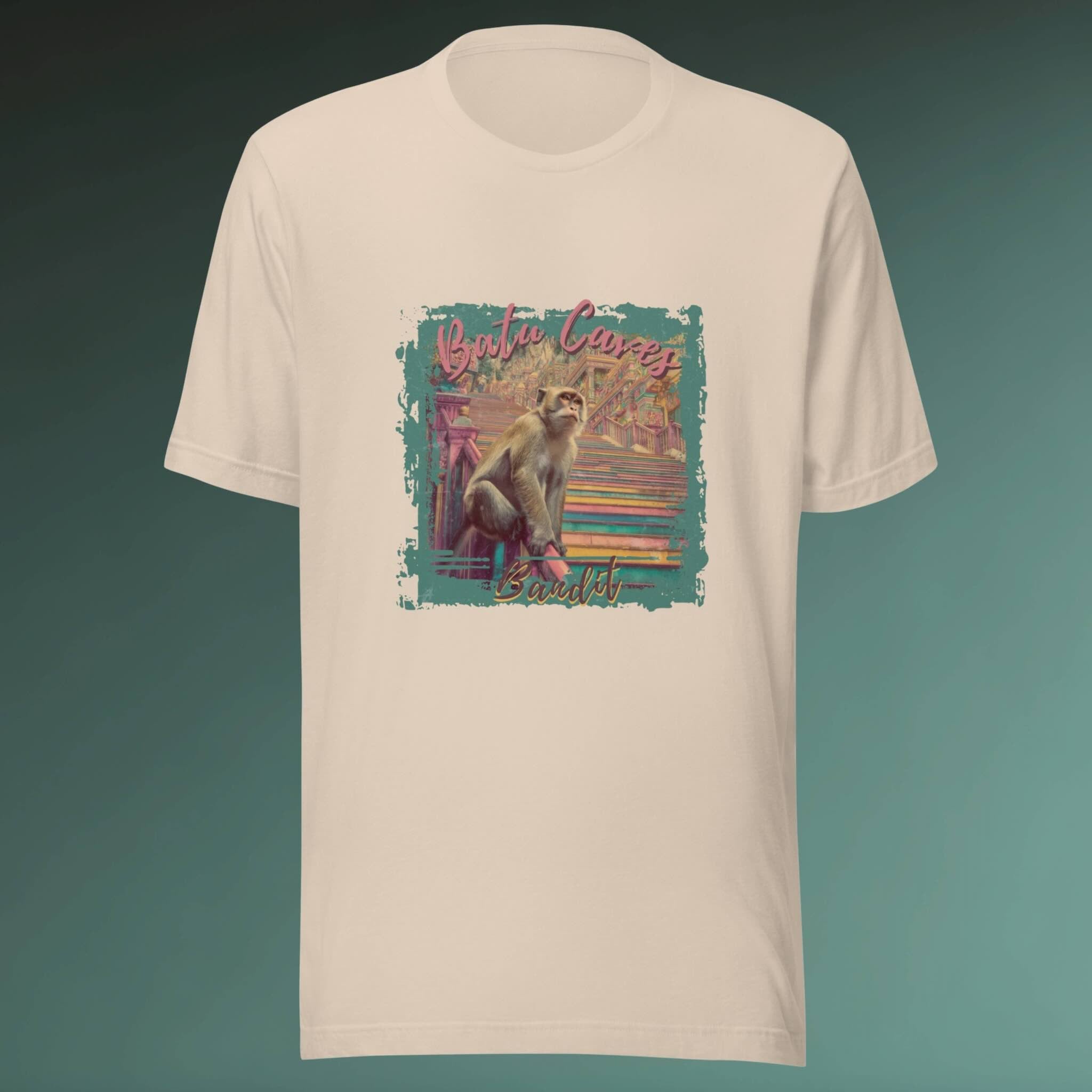 Beige t-shirt with a graphic design of a monkey on a colorful background