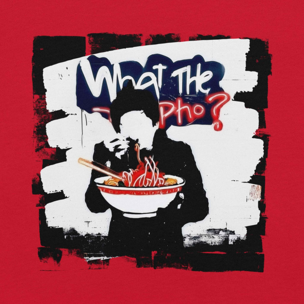 DTG print detail on What the Pho Asian food graphic t-shirt