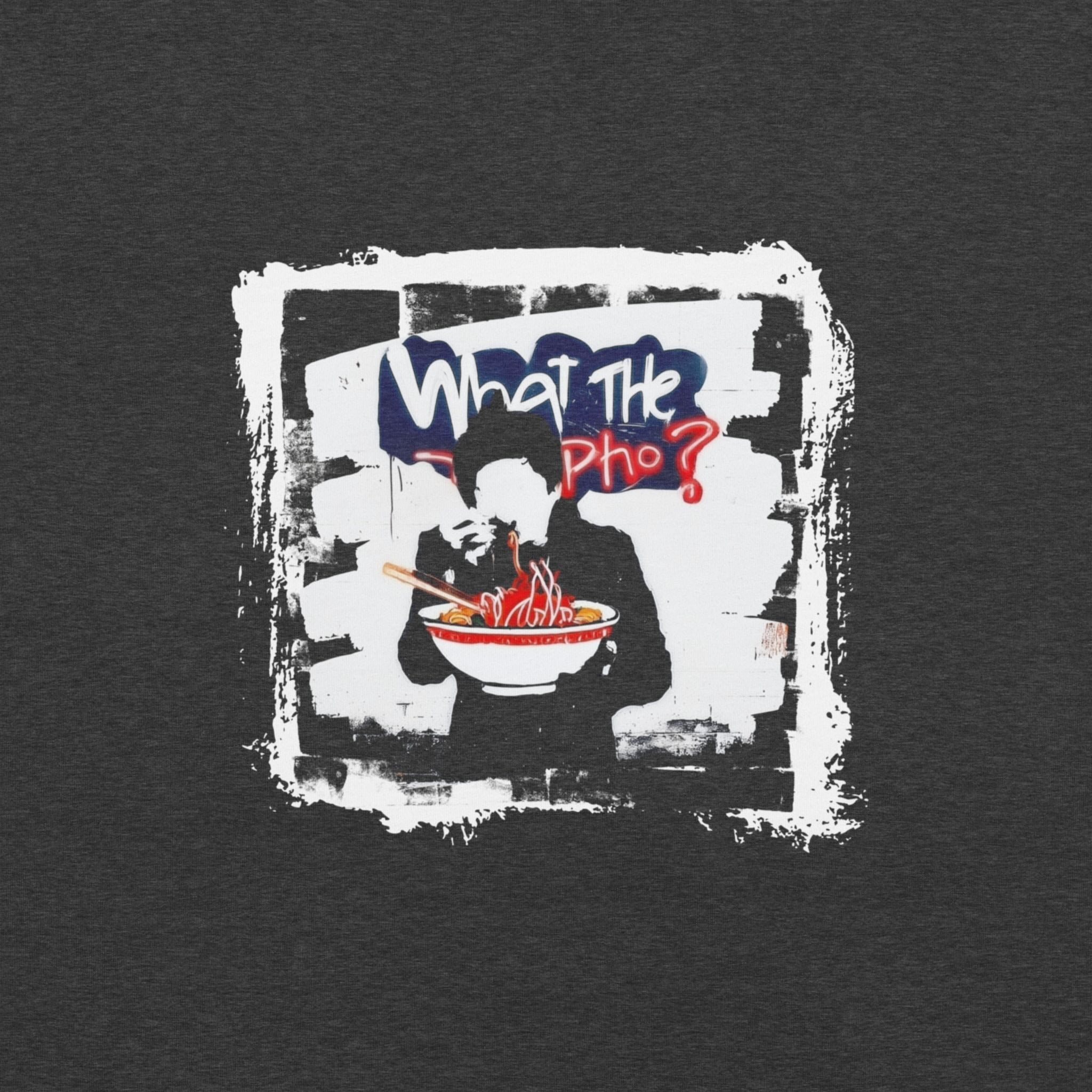 DTG print detail on What the Pho Asian food graphic t-shirt