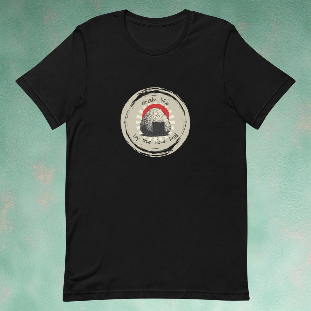 Grab Life by the Rice Ball onigiri front print flatlay t-shirt