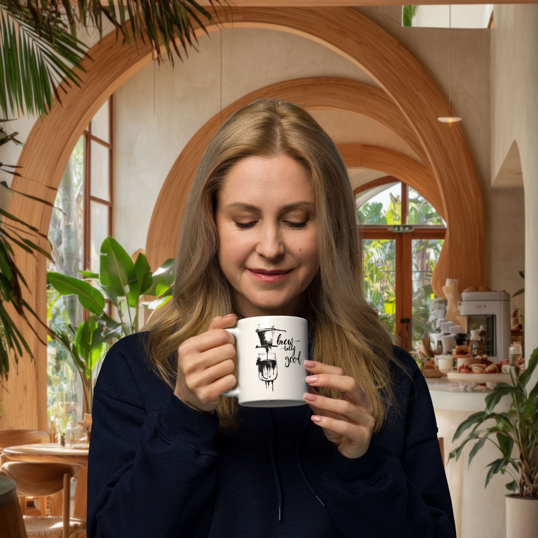 Woman in an aestethic café with relaxed urban vibe in Bali holding a brewtally good ceramic mug in her hand