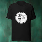 Black t-shirt with a white coffee graphic design on a green textured background