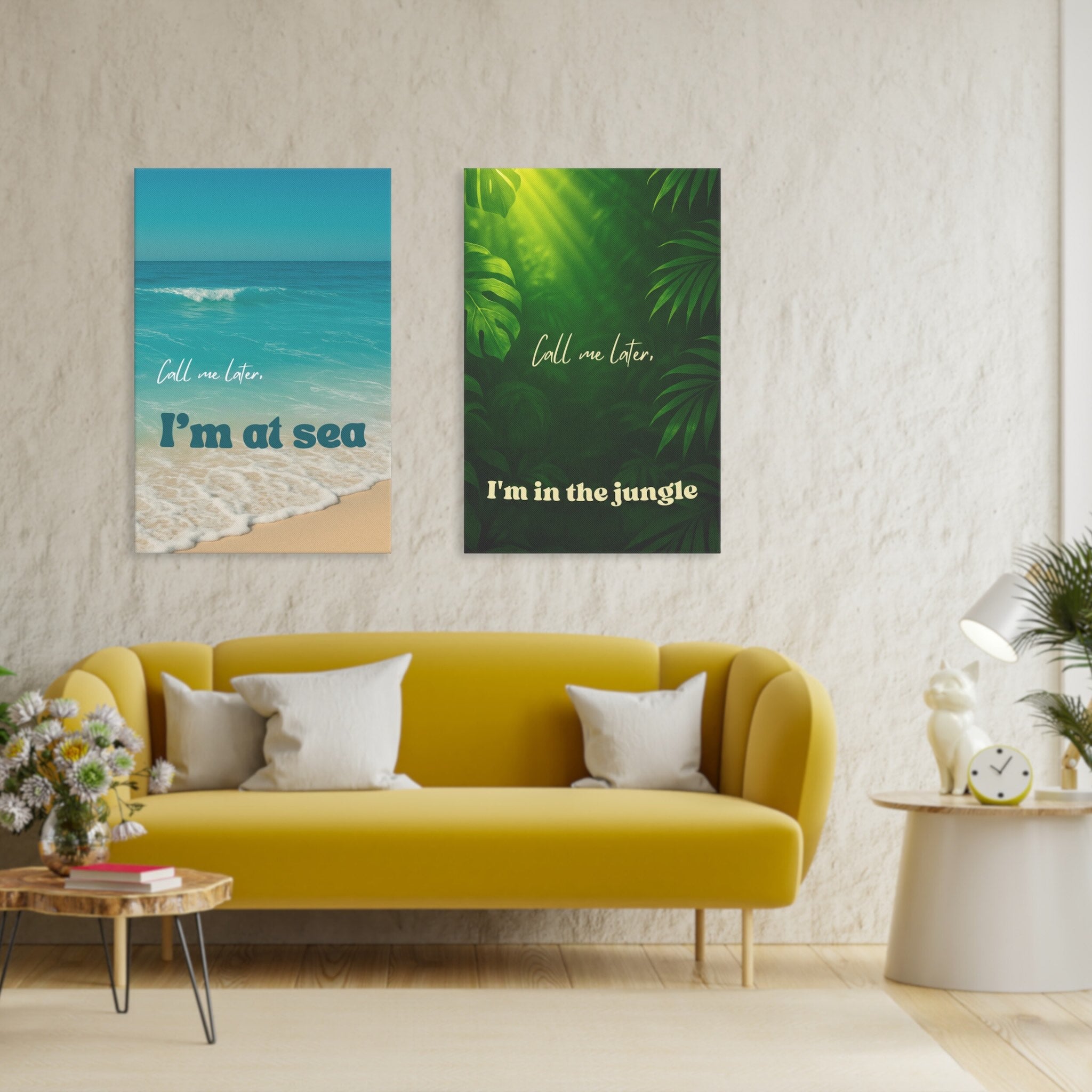 Duo of Call me later canvas on living room wall
