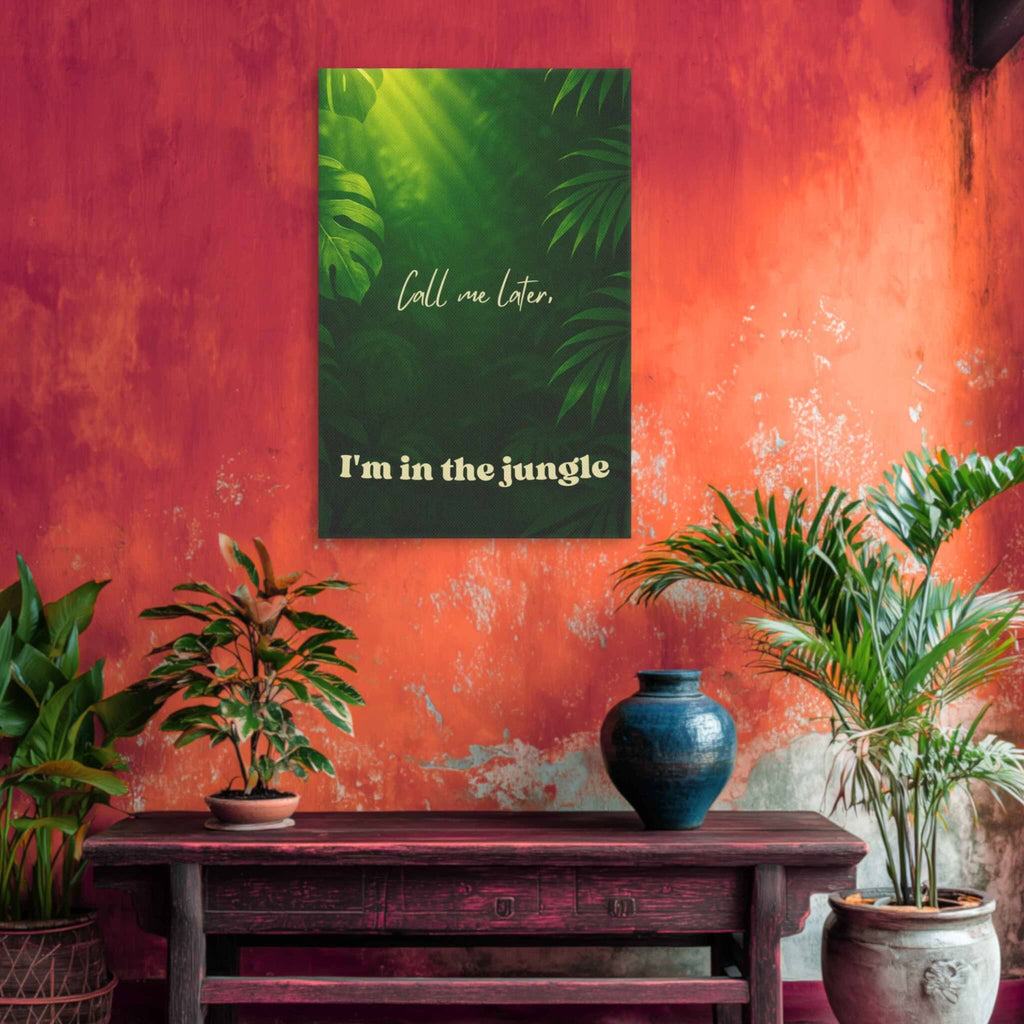Decorative wall art with plants and a rustic table against a textured red wall.