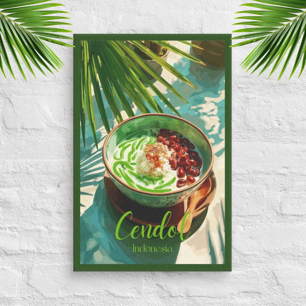 Framed artwork of a bowl of cendol with palm leaves on a white textured wall.