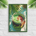 Framed artwork of a bowl of cendol with palm leaves on a white textured wall.