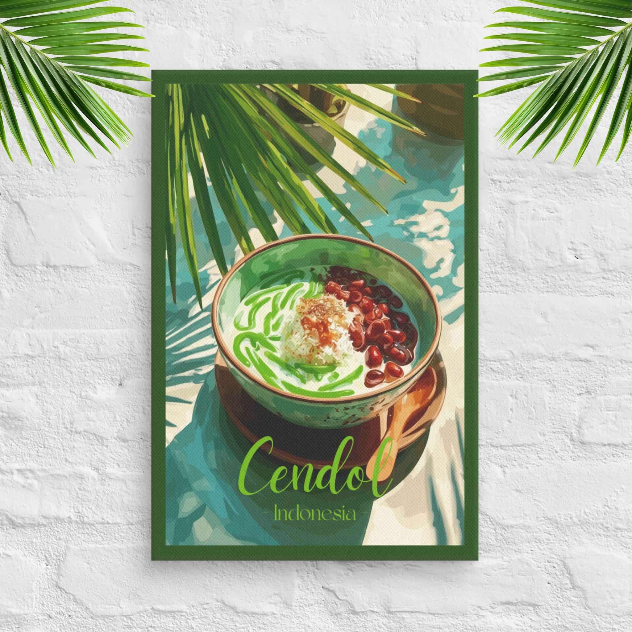 Framed artwork of a bowl of cendol with palm leaves on a white textured wall.